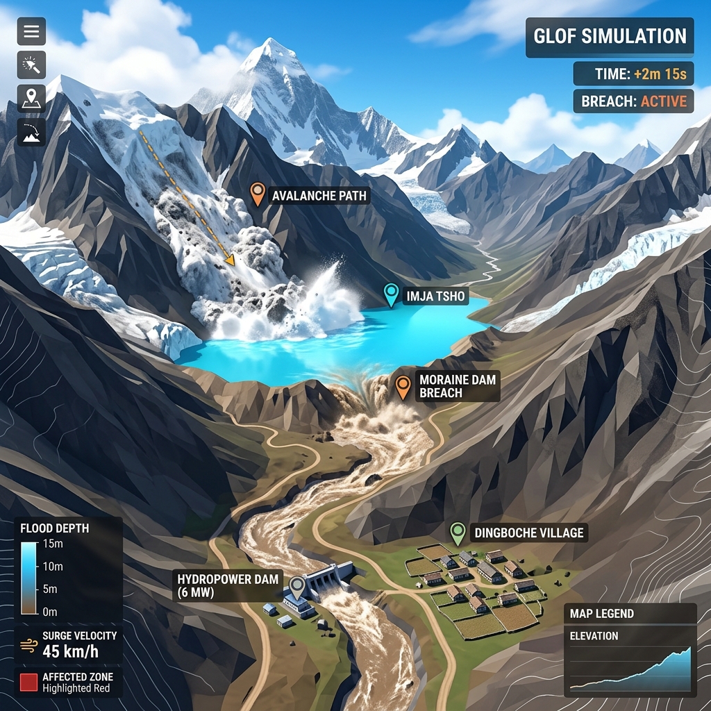 Glacial Lake Outburst Flood (GLOF) Simulator — 3D Hydrodynamics | GBLabs